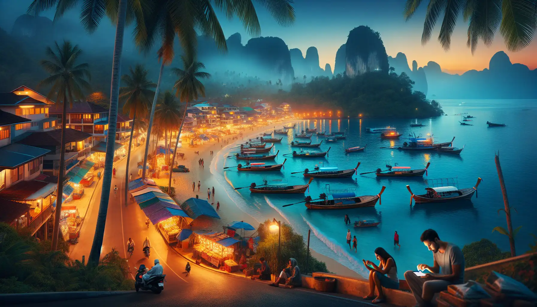Travelers using phones near a Phuket beach road at sunset