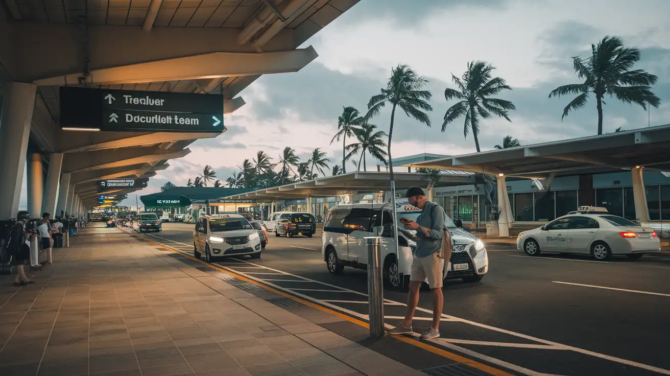 Traveler checking phone connection outside Phuket airport