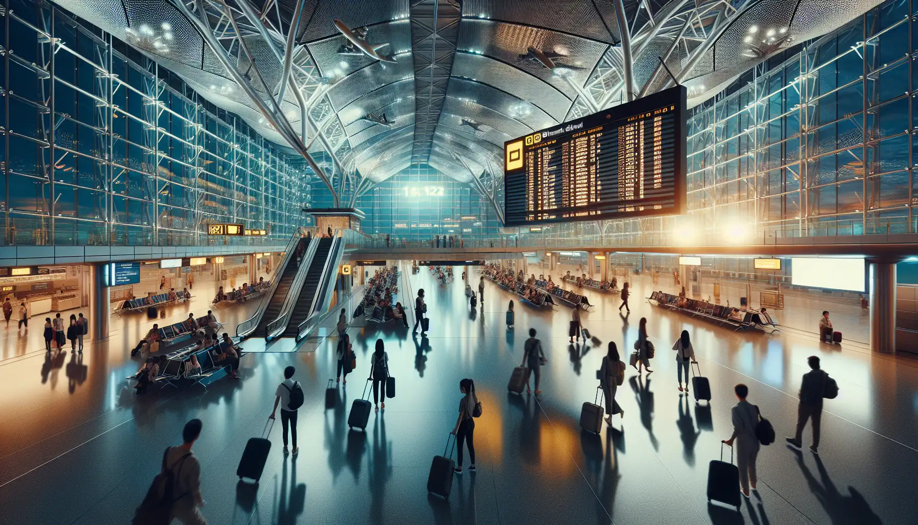 Travelers in Suvarnabhumi Airport arrivals hall using phones and checking transport information