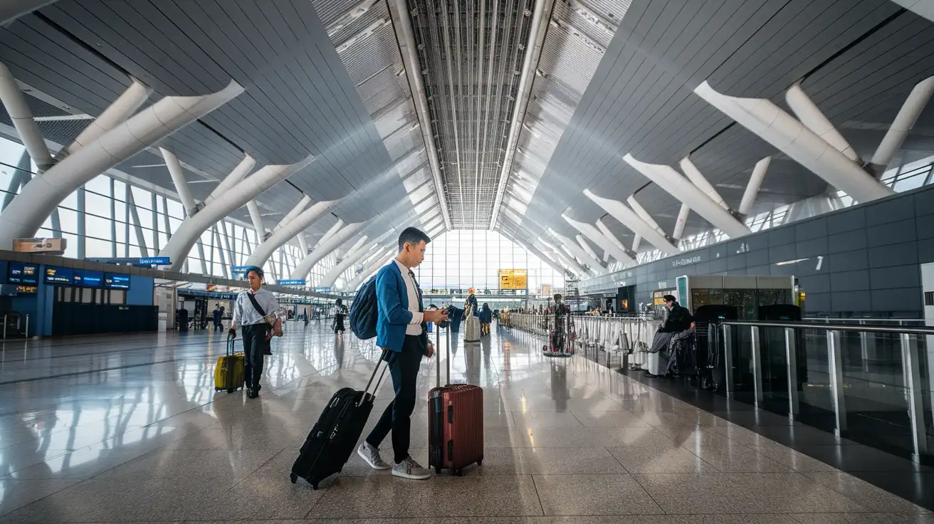 Travelers near Suvarnabhumi Airport arrival and rail connection area checking internet access
