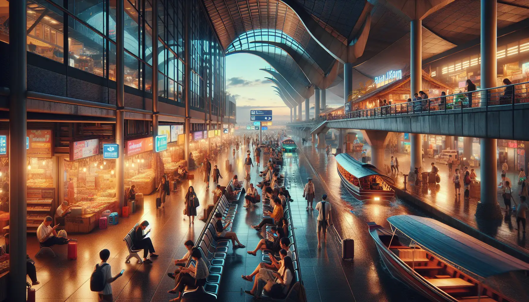 Traveler checking phone connection in Thailand between airport transit, market streets, and a ferry pier