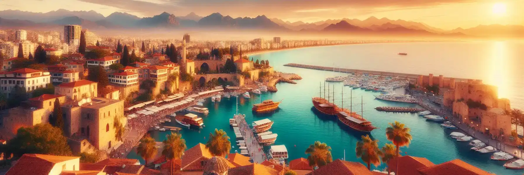 View over Antalya Marina and Kaleiçi at sunset with turquoise sea and historic rooftops