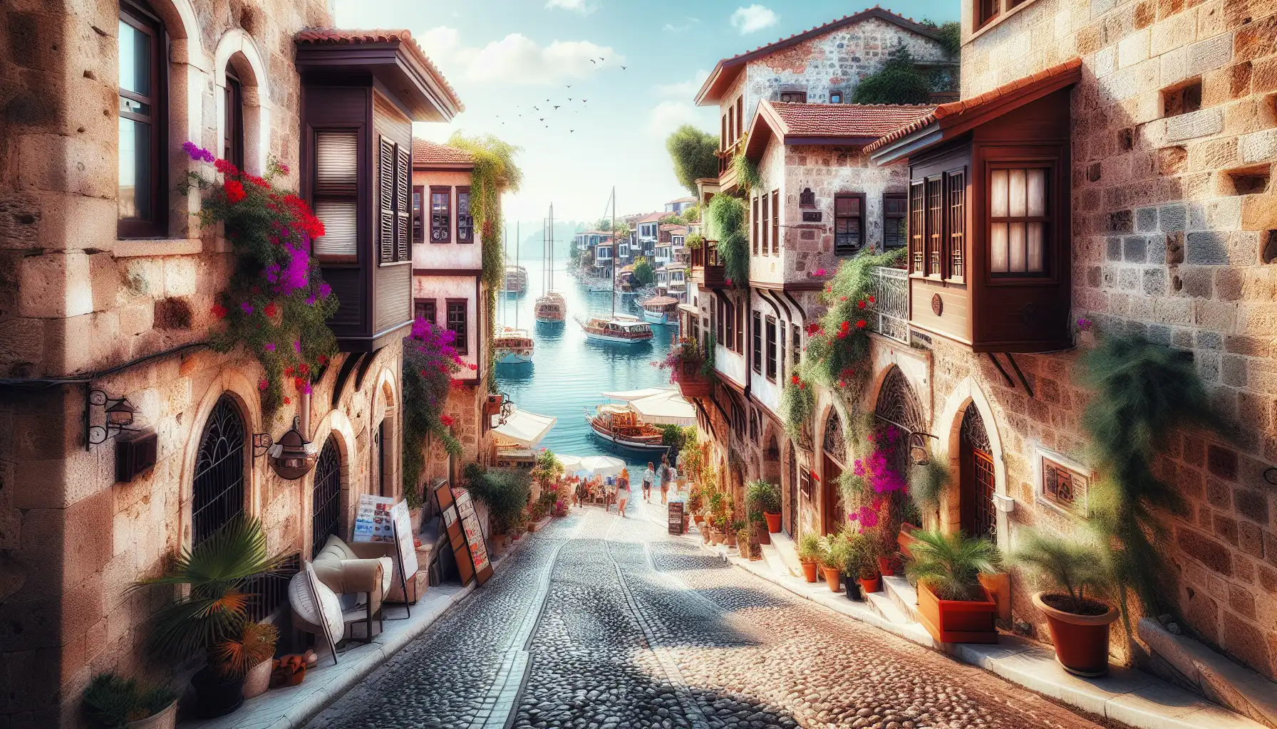 Cobbled street in Kaleiçi leading toward Antalya Marina