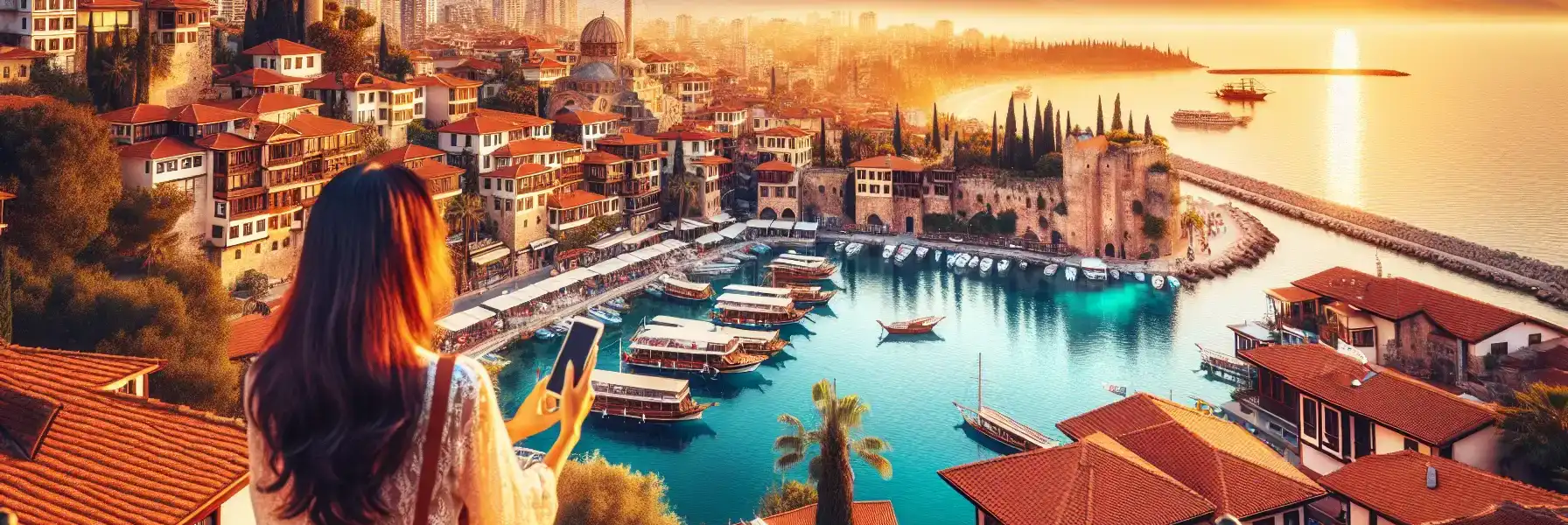 Traveler using a smartphone above Antalya's old town and marina with the Mediterranean in the background