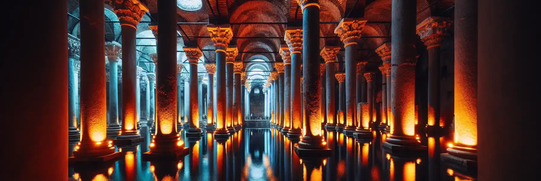 The interior of the Basilica Cistern showing rows of ancient marble columns reflected in shallow water with atmospheric lighting