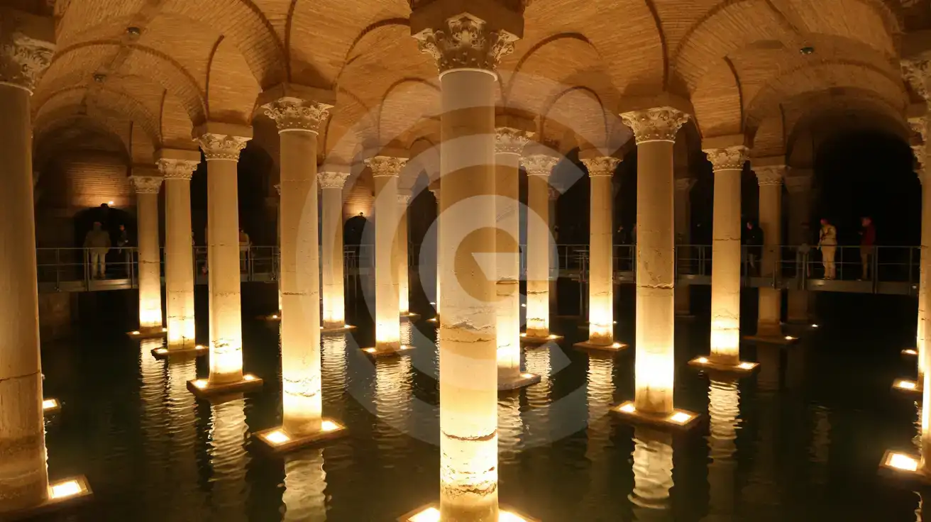 Atmospheric interior of an ancient underground cistern with marble columns reflected in shallow water
