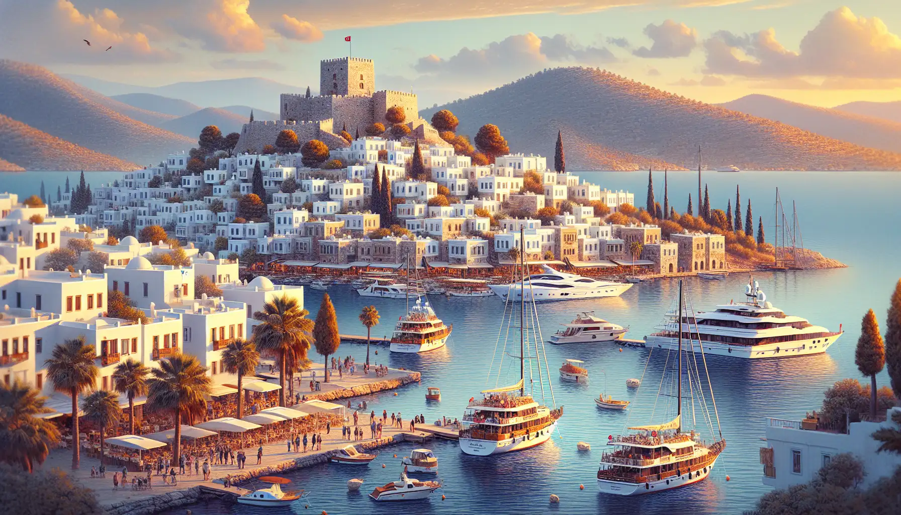 Travelers using phones near Bodrum Marina with Bodrum Castle and the Aegean Sea in the background