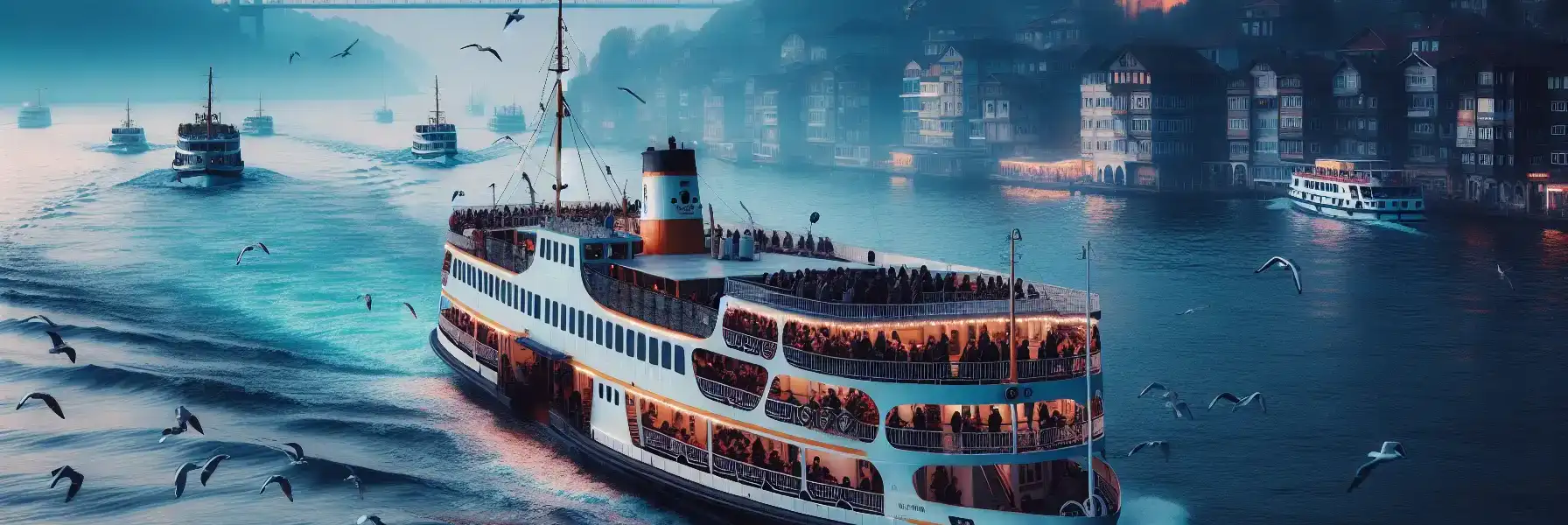 A passenger ferry cruising the Bosphorus Strait at sunset with Ottoman waterfront palaces and wooden mansions visible along the European shore