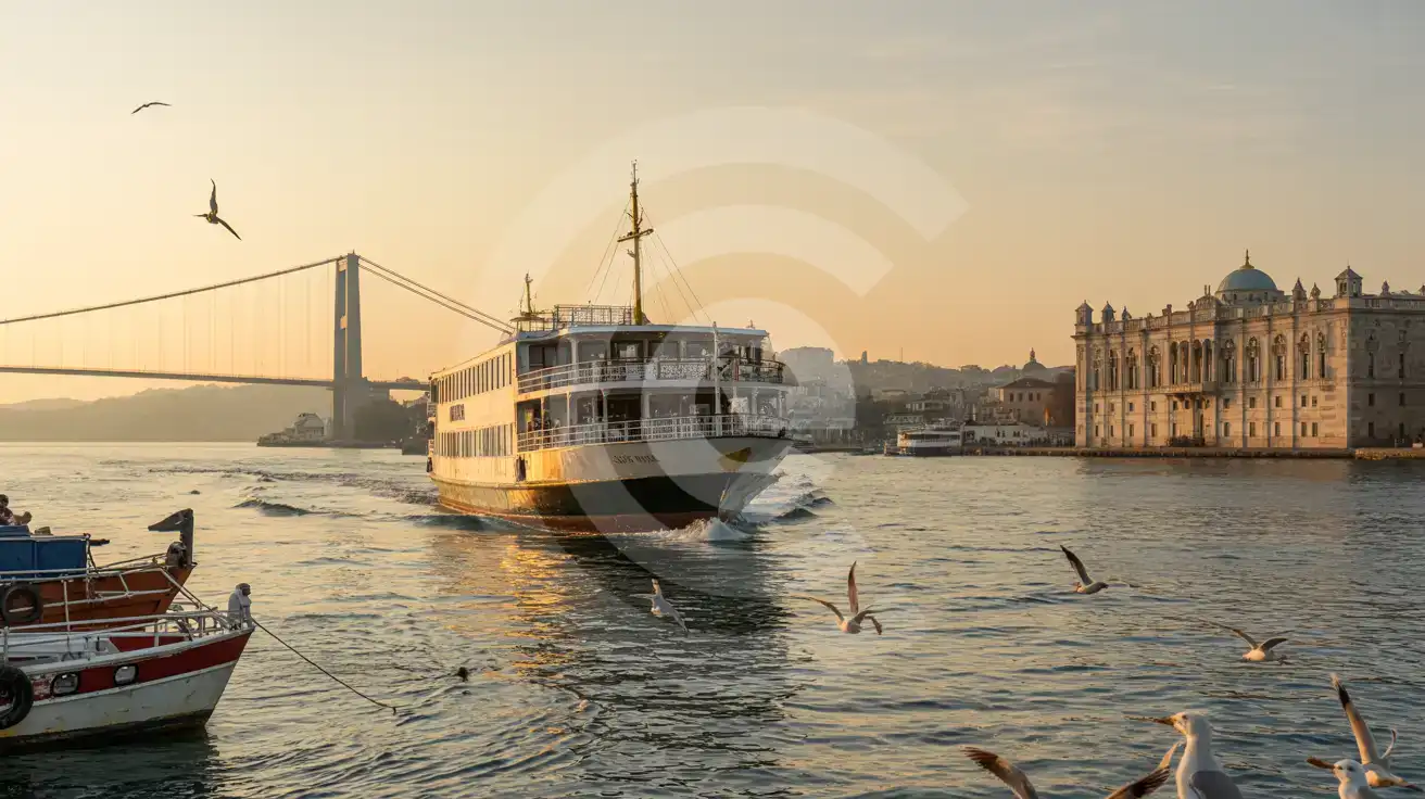 A passenger ferry cruising the Bosphorus Strait at sunset with Ottoman palaces and a suspension bridge visible in the golden light