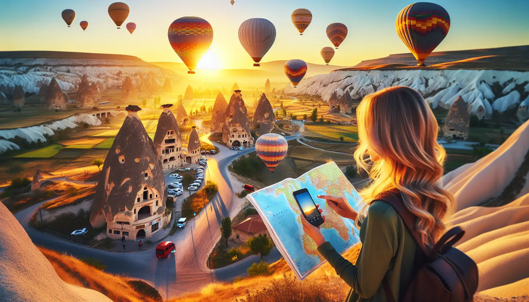 Traveler using a smartphone in Cappadocia with hot air balloons over fairy chimneys at sunrise