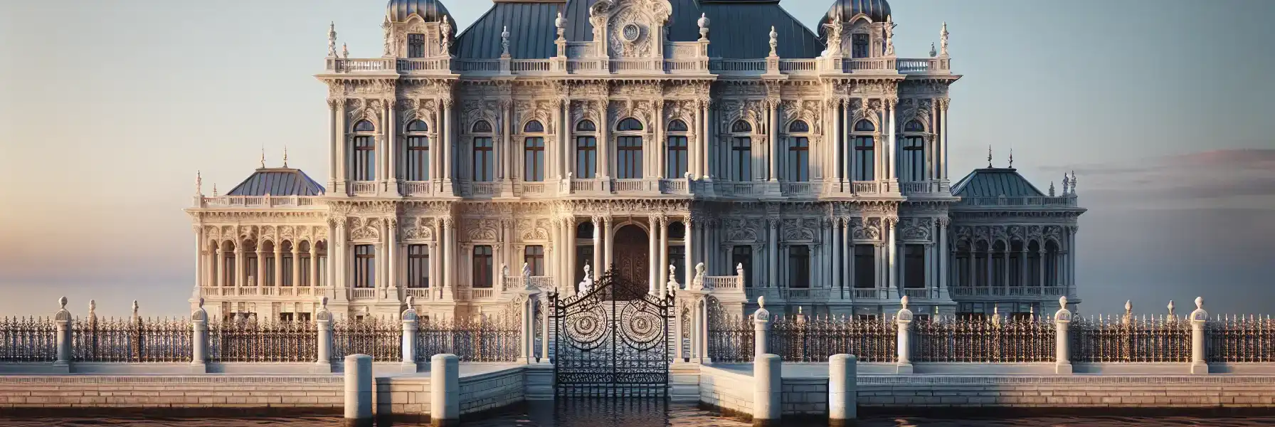 Dolmabahçe Palace's ornate Baroque facade stretching along the Bosphorus waterfront in Istanbul during golden morning light