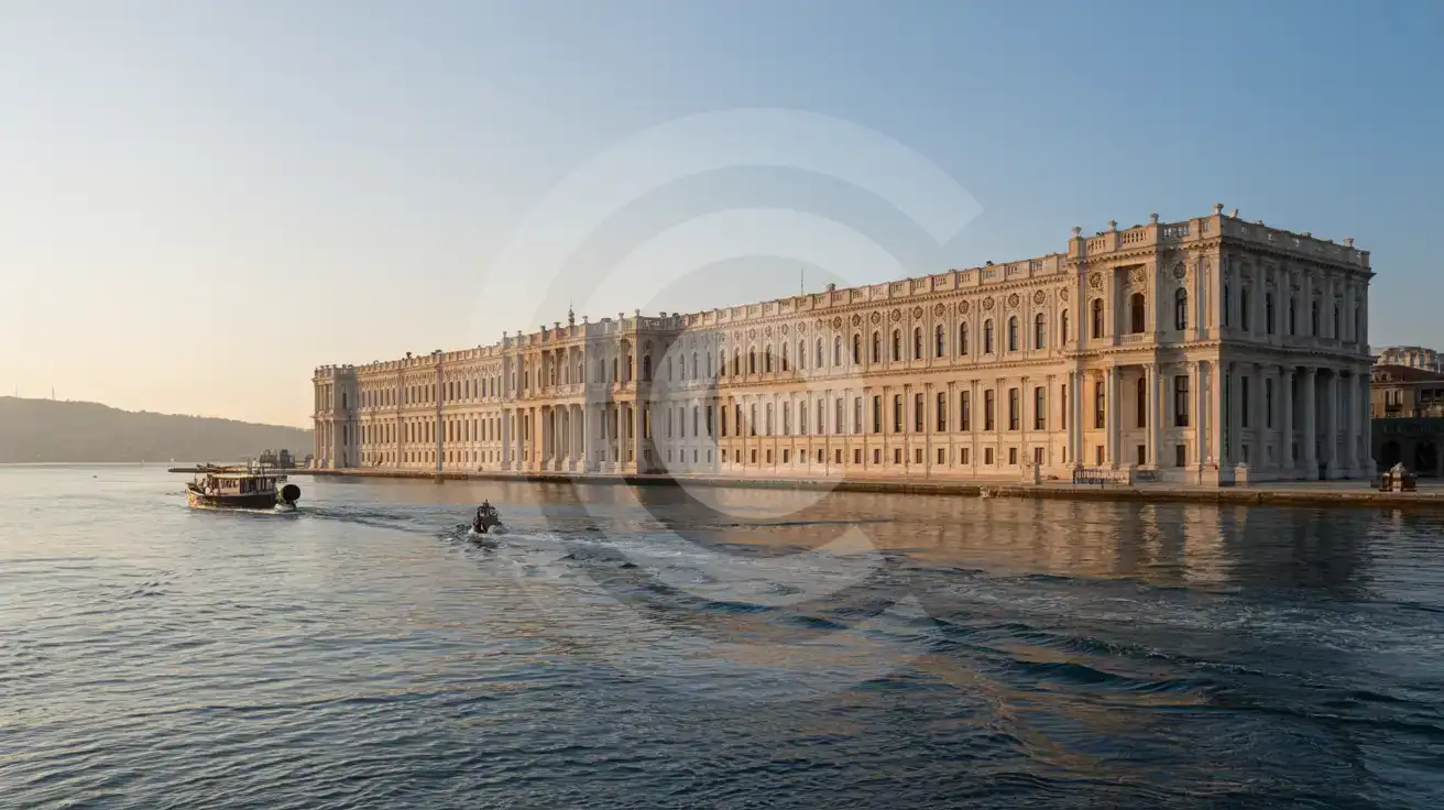 Dolmabahçe Palace's ornate waterfront facade reflected in the calm Bosphorus waters during morning light