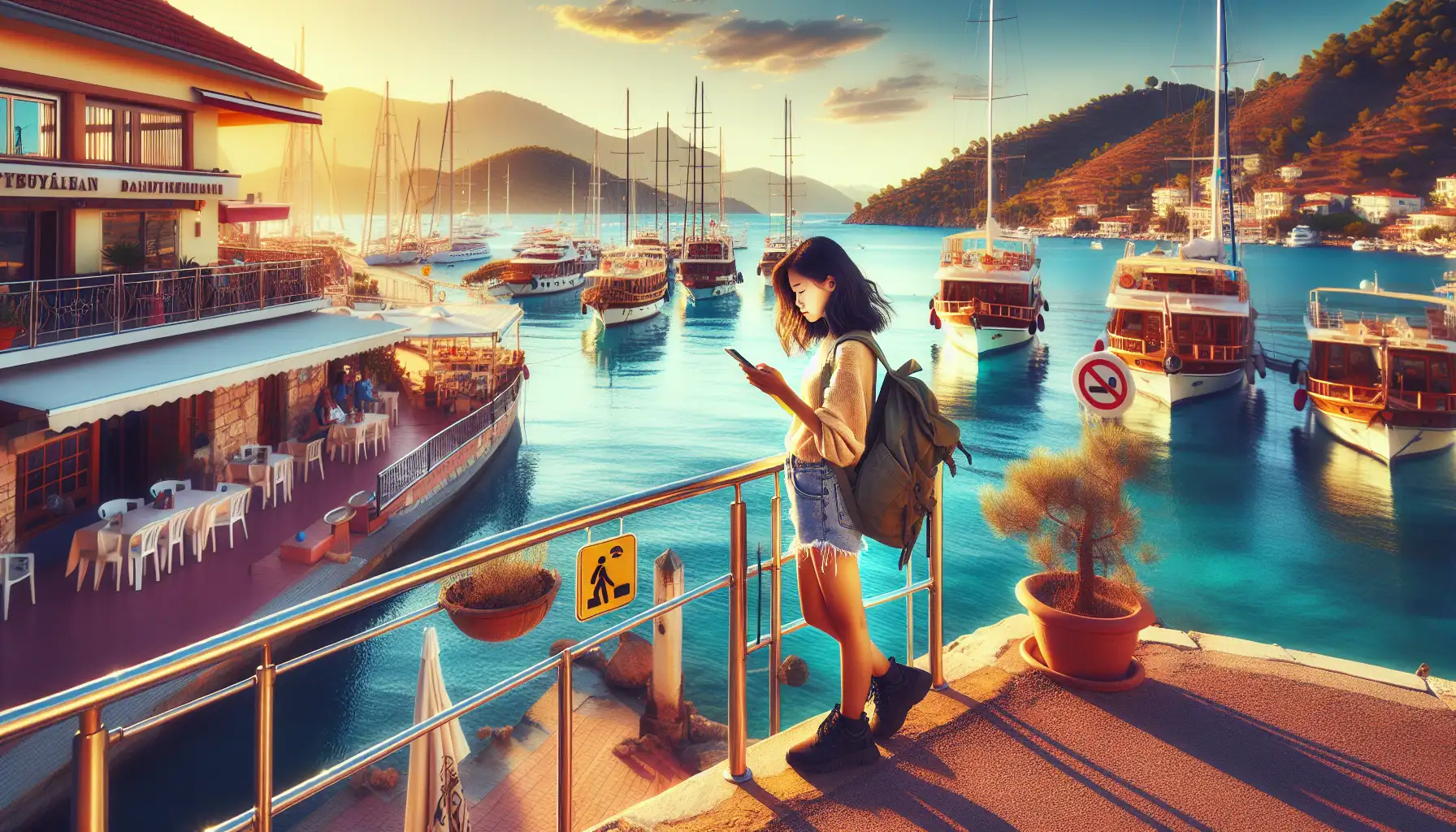 Traveler using a smartphone near Fethiye Marina with yachts and turquoise water in the background