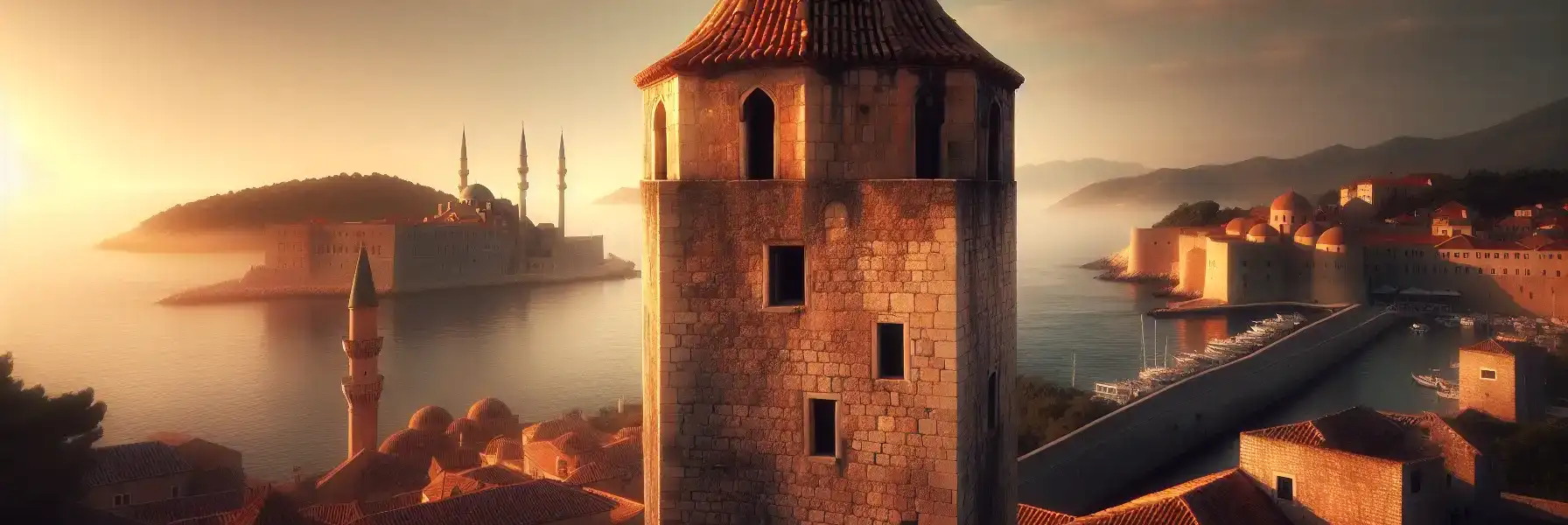 Medieval stone tower with conical roof rising above historic rooftops at sunset with harbor and distant mosque domes visible across the water