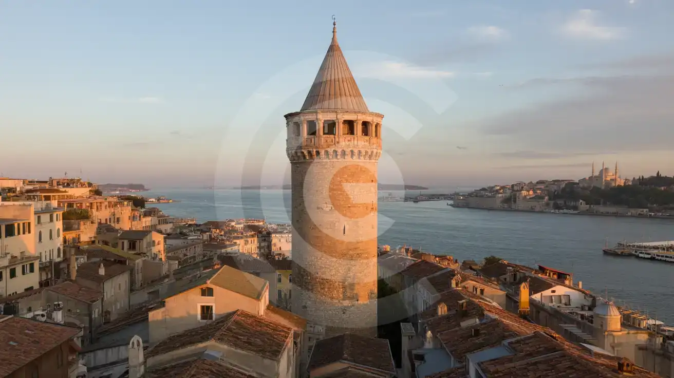 Medieval stone tower with conical roof rising above historic neighborhood at golden hour with harbor views