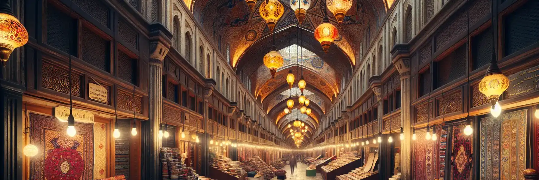 Interior view of the Grand Bazaar in Istanbul showing vaulted ceilings, hanging lamps, colorful ceramics, and narrow stone lanes lined with traditional shops