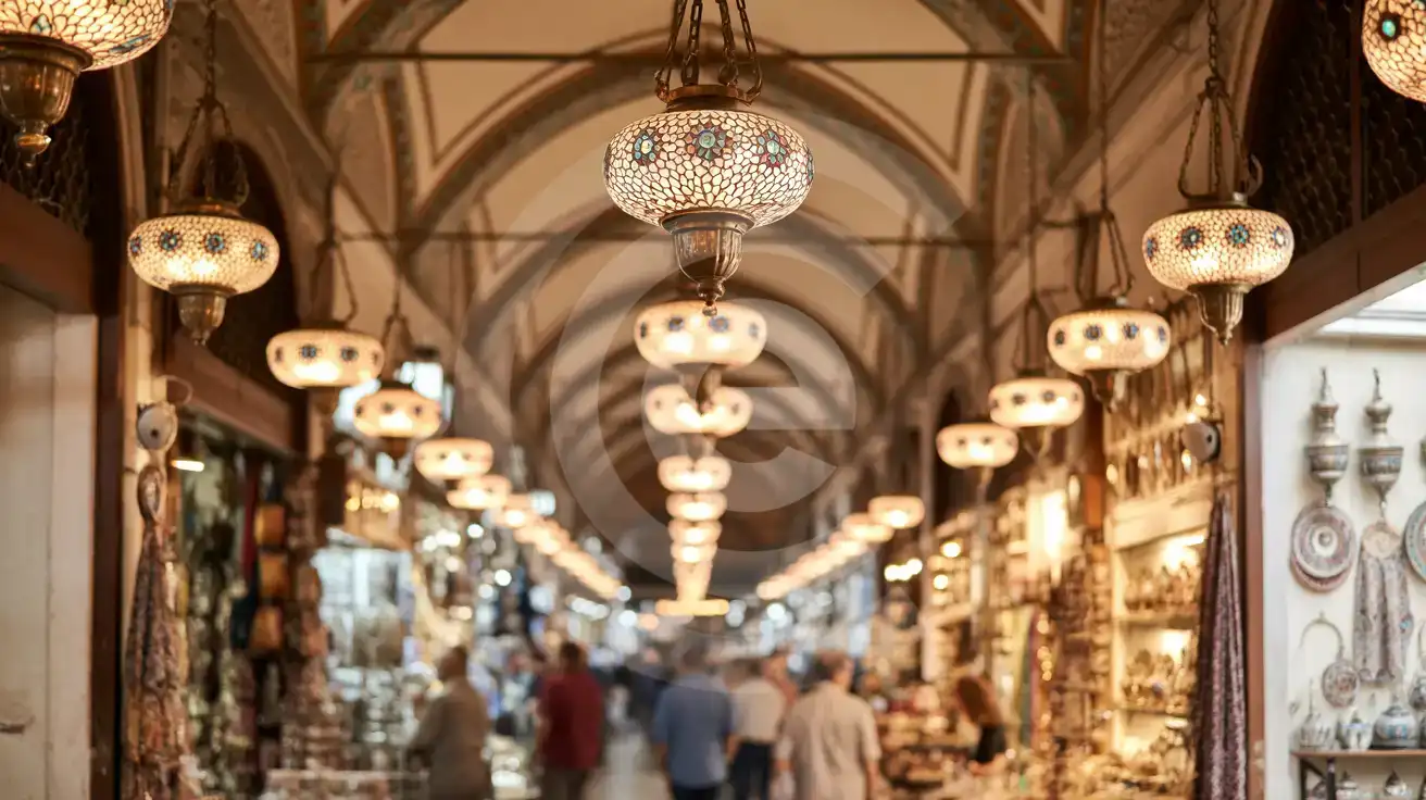Interior of the Grand Bazaar showing vaulted ceilings with hanging Turkish lamps and shoppers browsing colorful merchandise displays