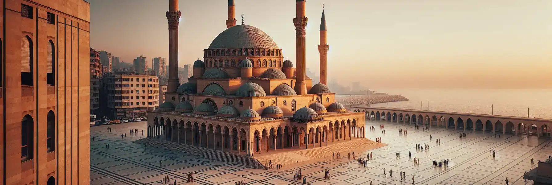 Exterior view of Hagia Sophia in Istanbul at golden hour with domes, minarets, and visitors crossing the square