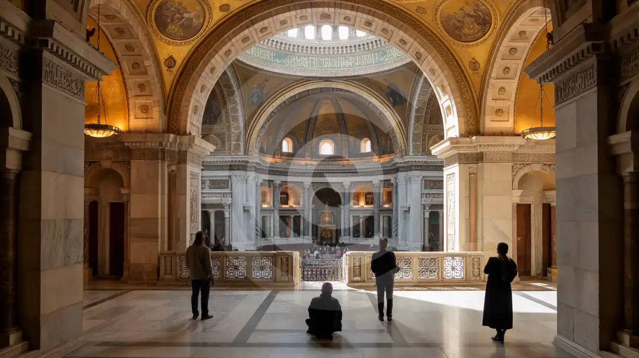 Interior view of a vast historic domed mosque with marble, calligraphy, and gallery-level perspective