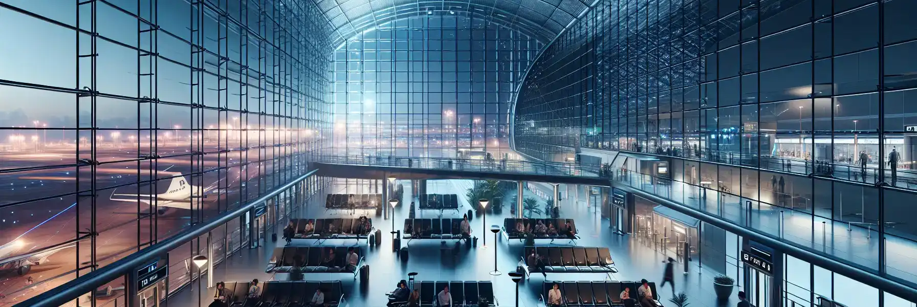 Travelers using phones inside a modern airport terminal in Istanbul at night