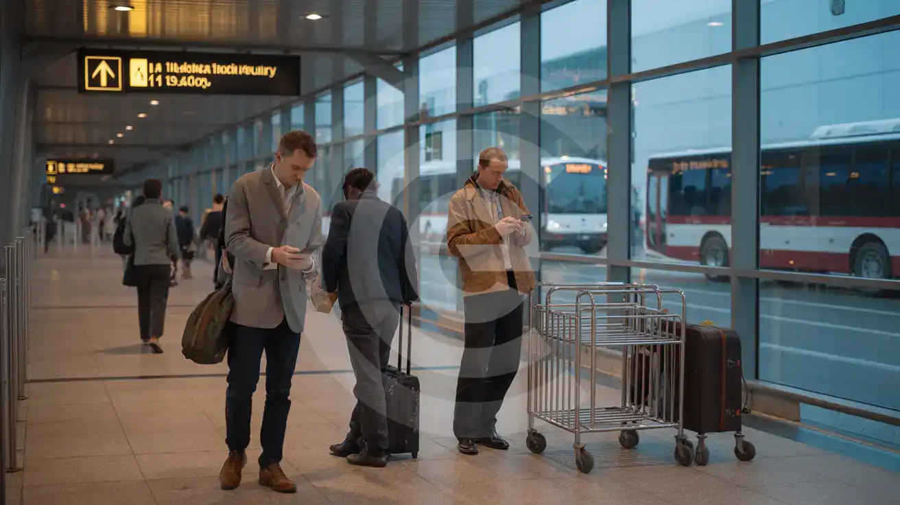 Travelers in an airport arrivals area checking phones before heading into the city