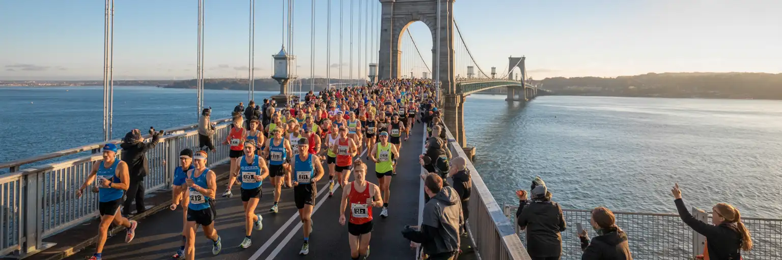 Läufer überqueren bei Sonnenaufgang den Bosporus während des Istanbul-Marathons mit der Stadtsilhouette im Hintergrund