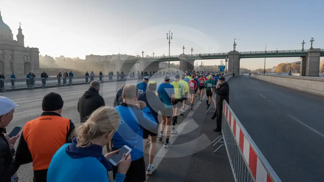 Corredores cruzando un puente sobre el Bósforo durante un maratón de otoño