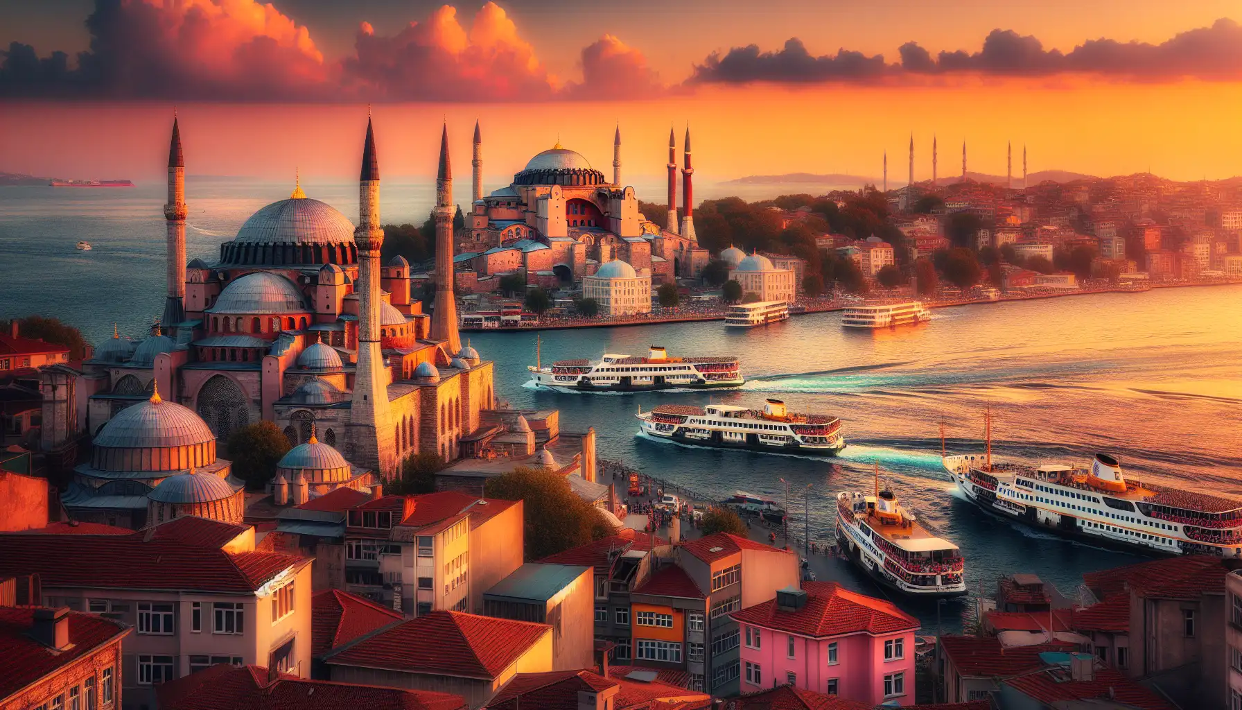 Istanbul skyline at sunset with Bosphorus ferries and historic mosques