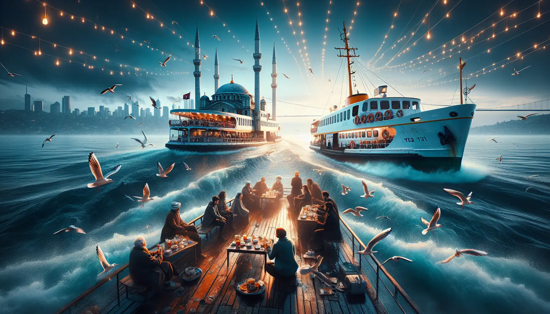 Passengers on a ferry crossing the Bosphorus in Istanbul