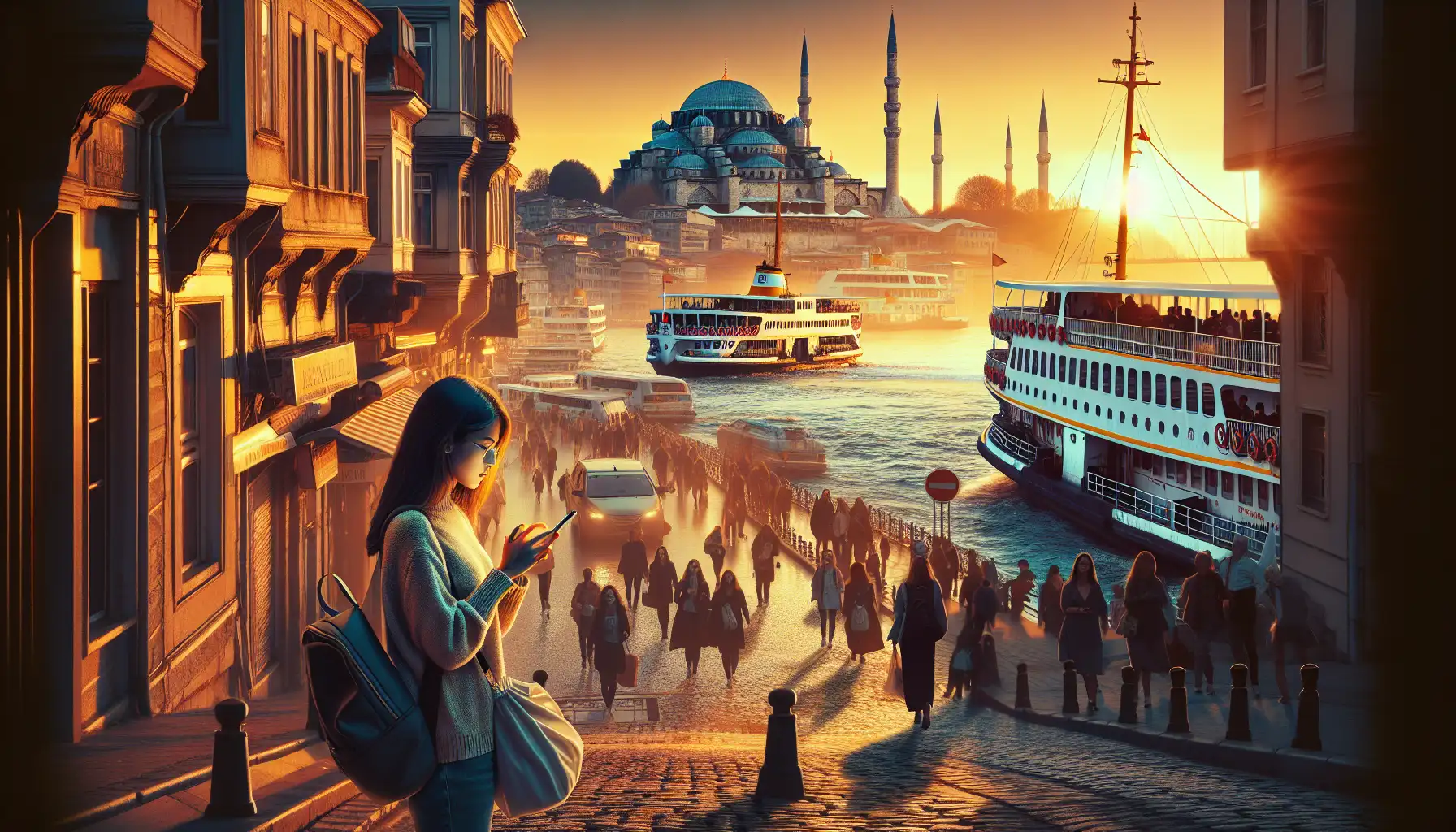Traveler using a smartphone near Galata Bridge in Istanbul with the Bosphorus and historic skyline behind