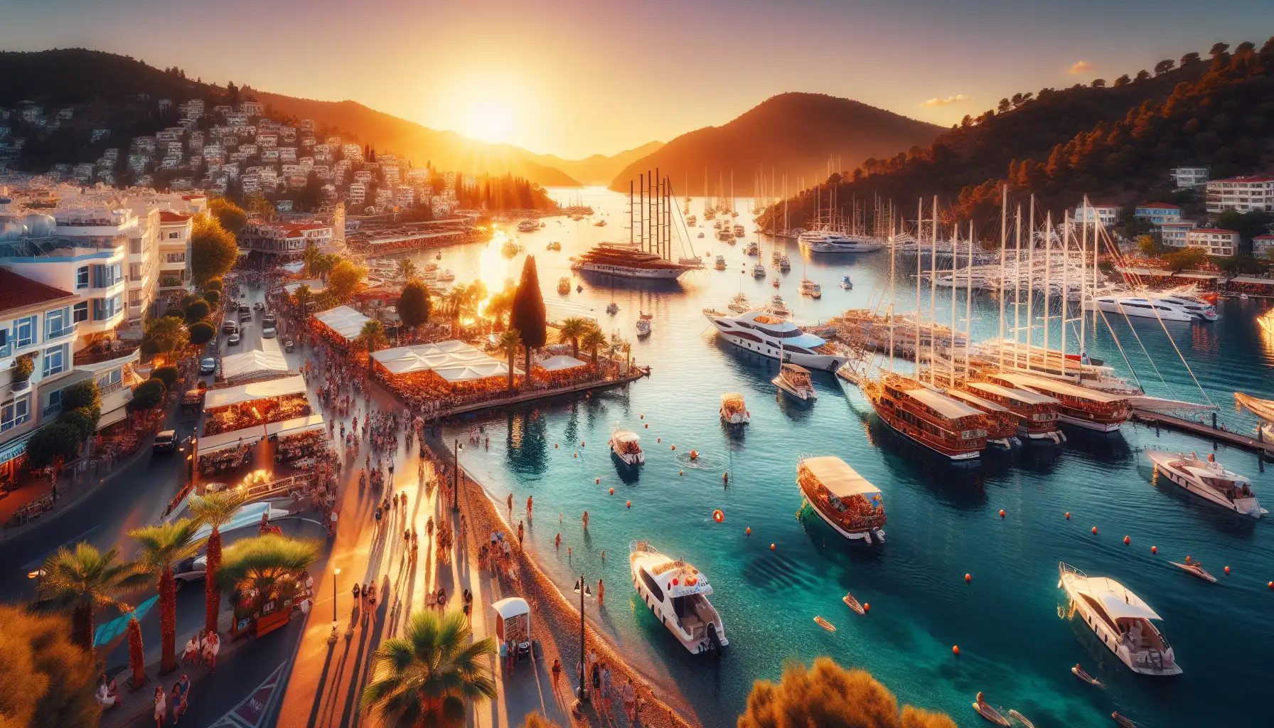 View of Marmaris waterfront and marina with beach promenade and turquoise sea