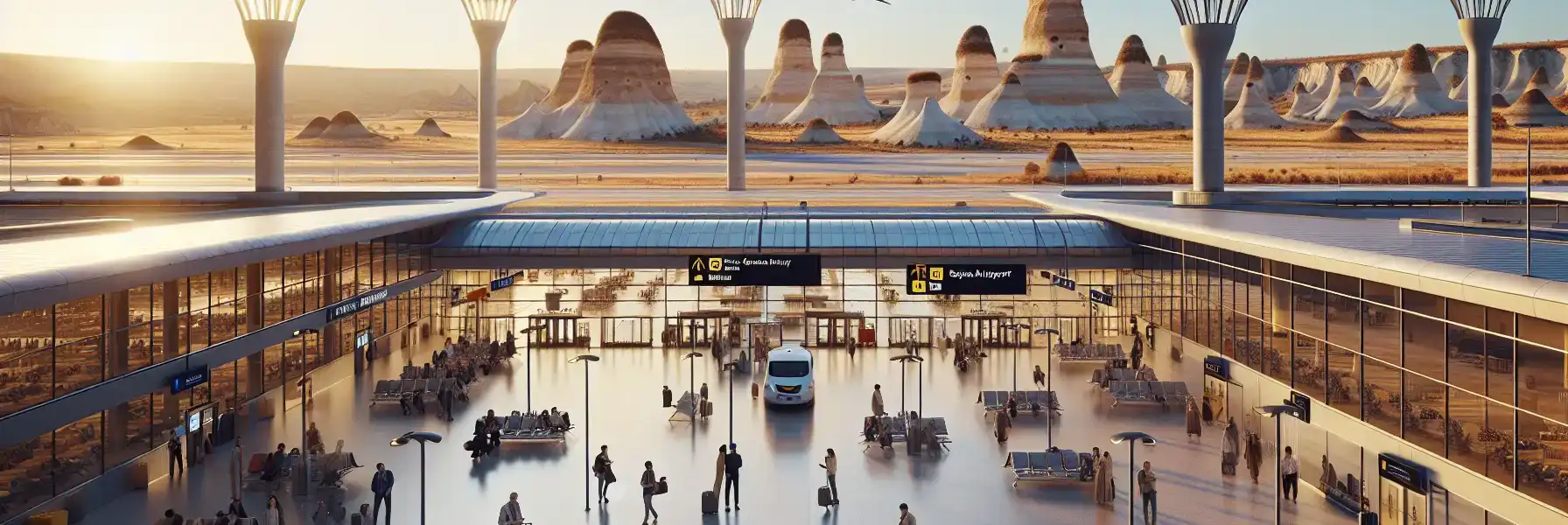 Travelers outside Nevşehir Kapadokya Airport using phones with Cappadocia's rocky landscape in the distance