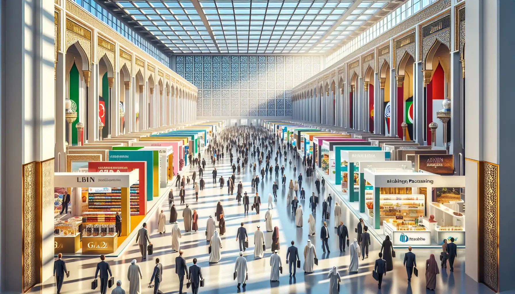 International trade visitors walking through a large halal industry exhibition hall in Istanbul