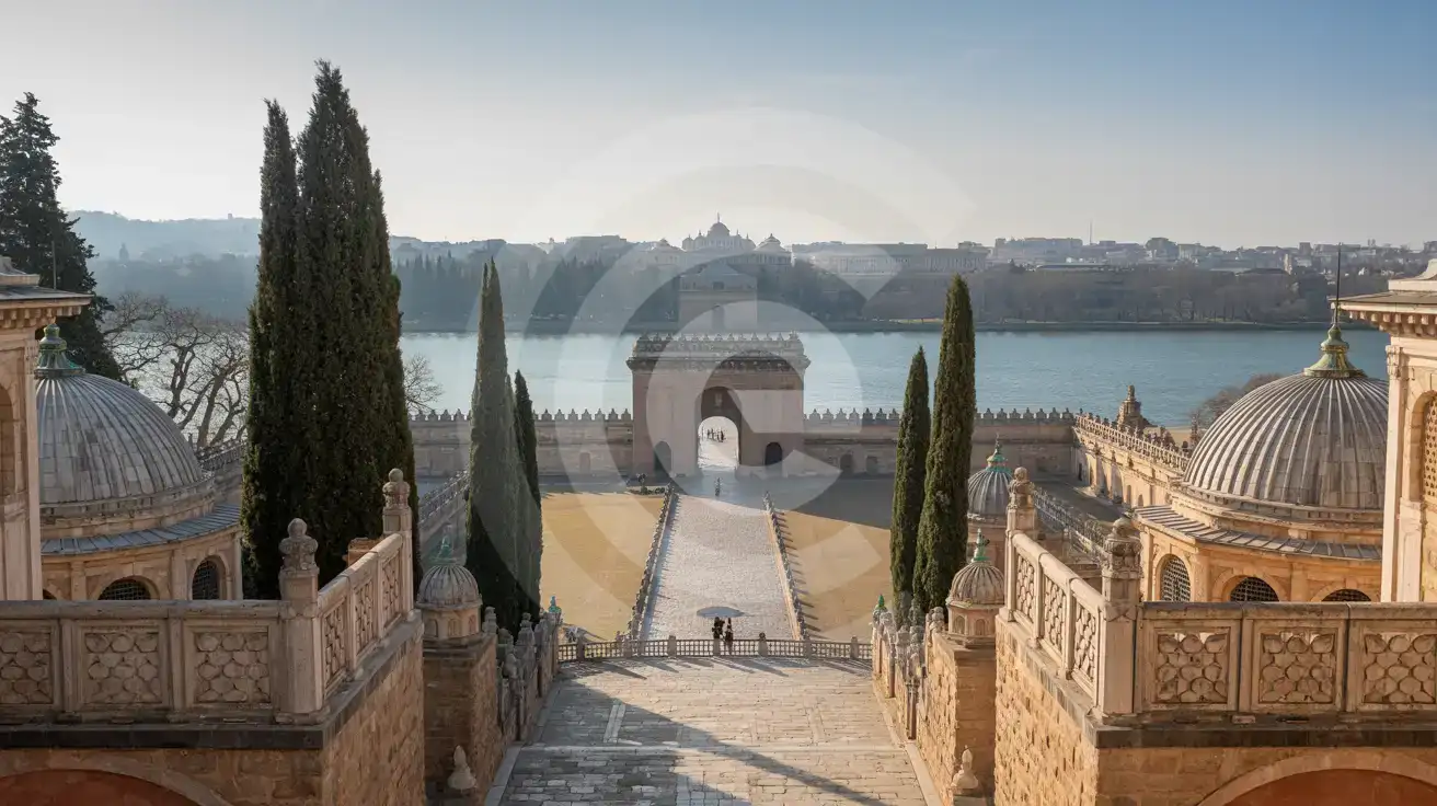 Courtyard and terrace view at a historic Ottoman palace complex in Istanbul