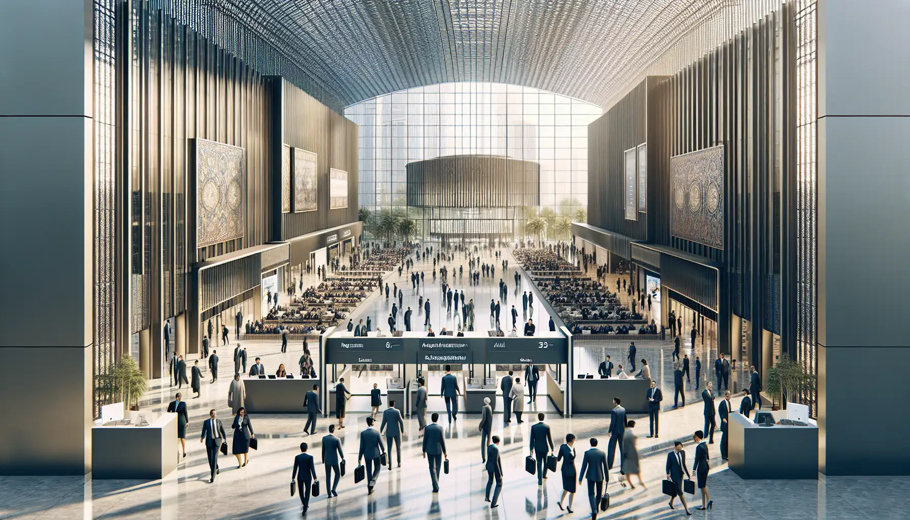Delegates arriving at a large modern exhibition and summit venue in Istanbul for an international halal economy event