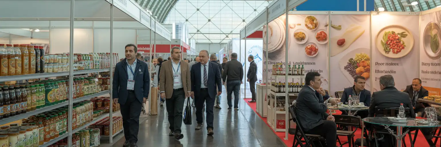 Geschäftsbesucher gehen durch eine belebte Lebensmittelmessehalle in Istanbul