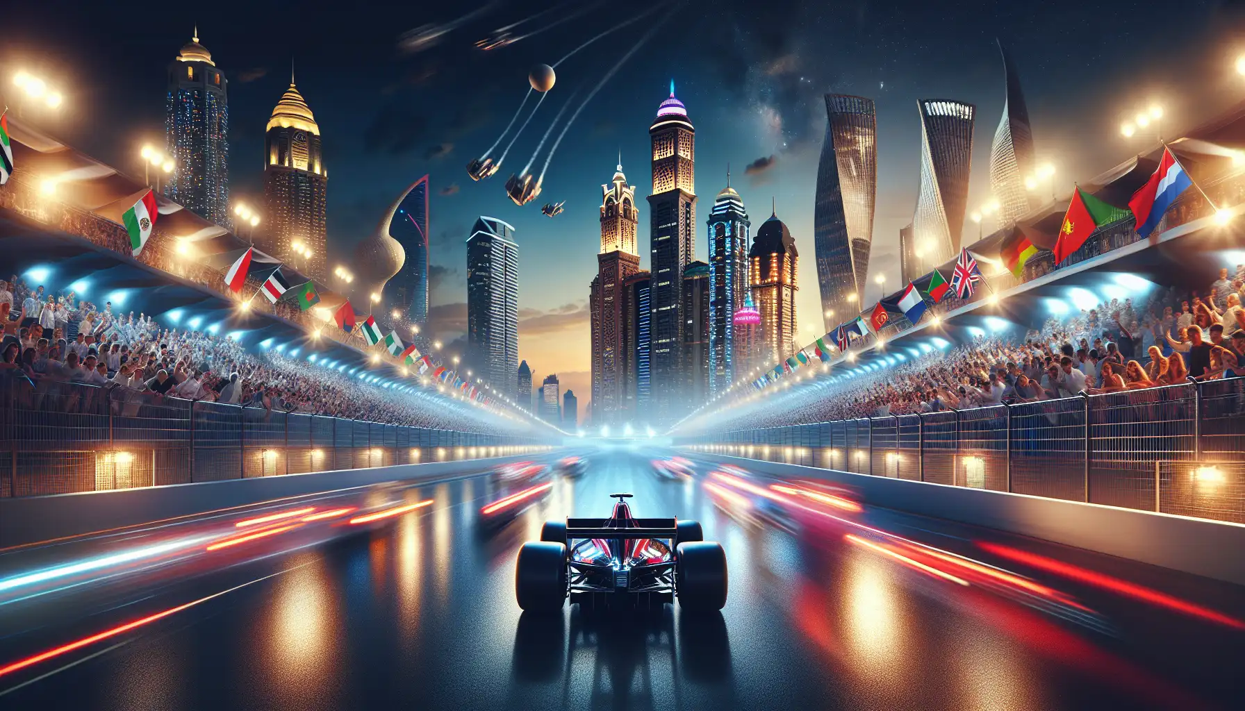 Night race atmosphere on the Las Vegas Strip with bright lights, grandstands, and international fans