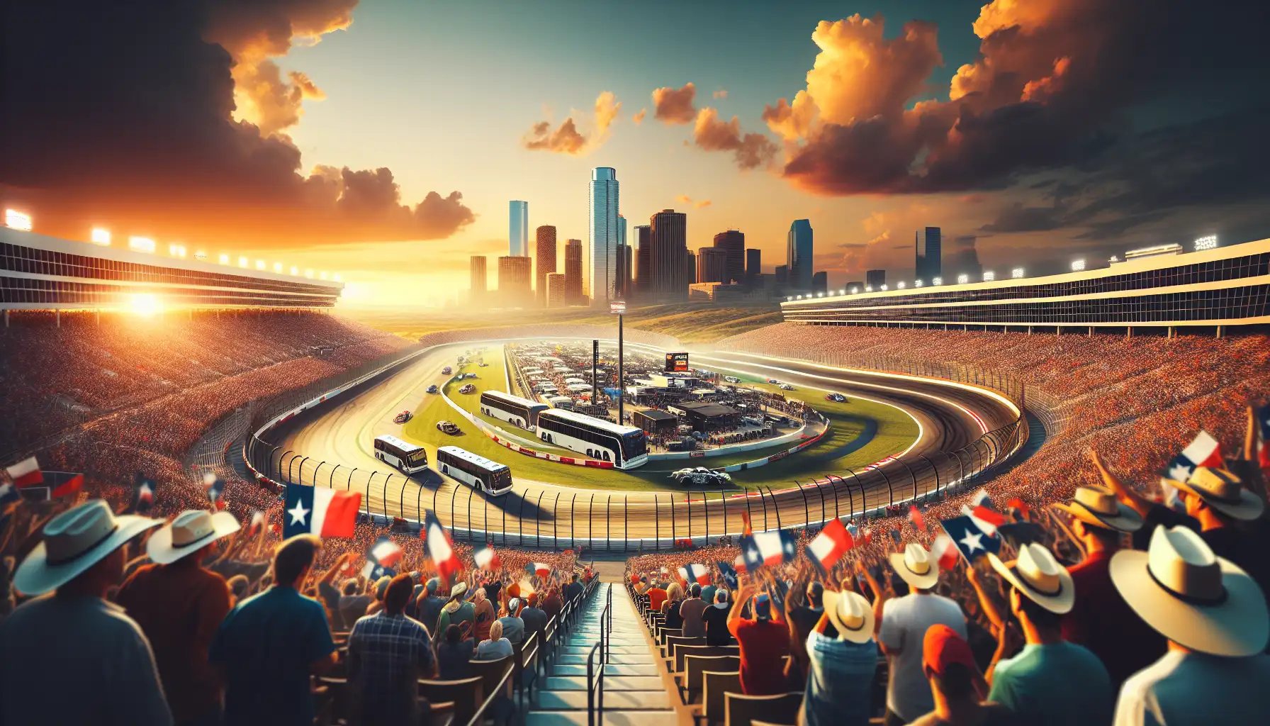 Fans arriving for a major race weekend at a large circuit near Austin at sunset