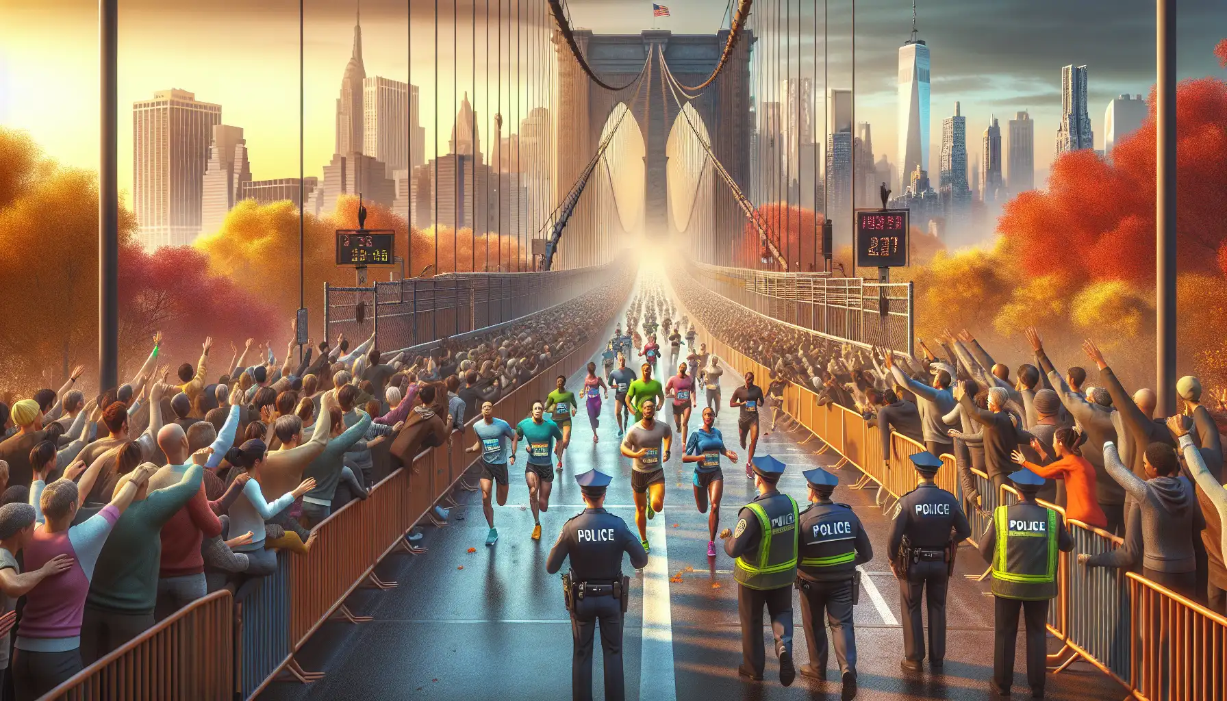 Runners crossing a bridge during the New York City Marathon with autumn light and city skyline views