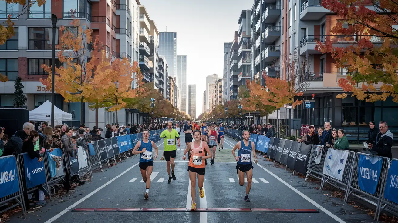 Crowds cheering runners along a New York marathon avenue in autumn