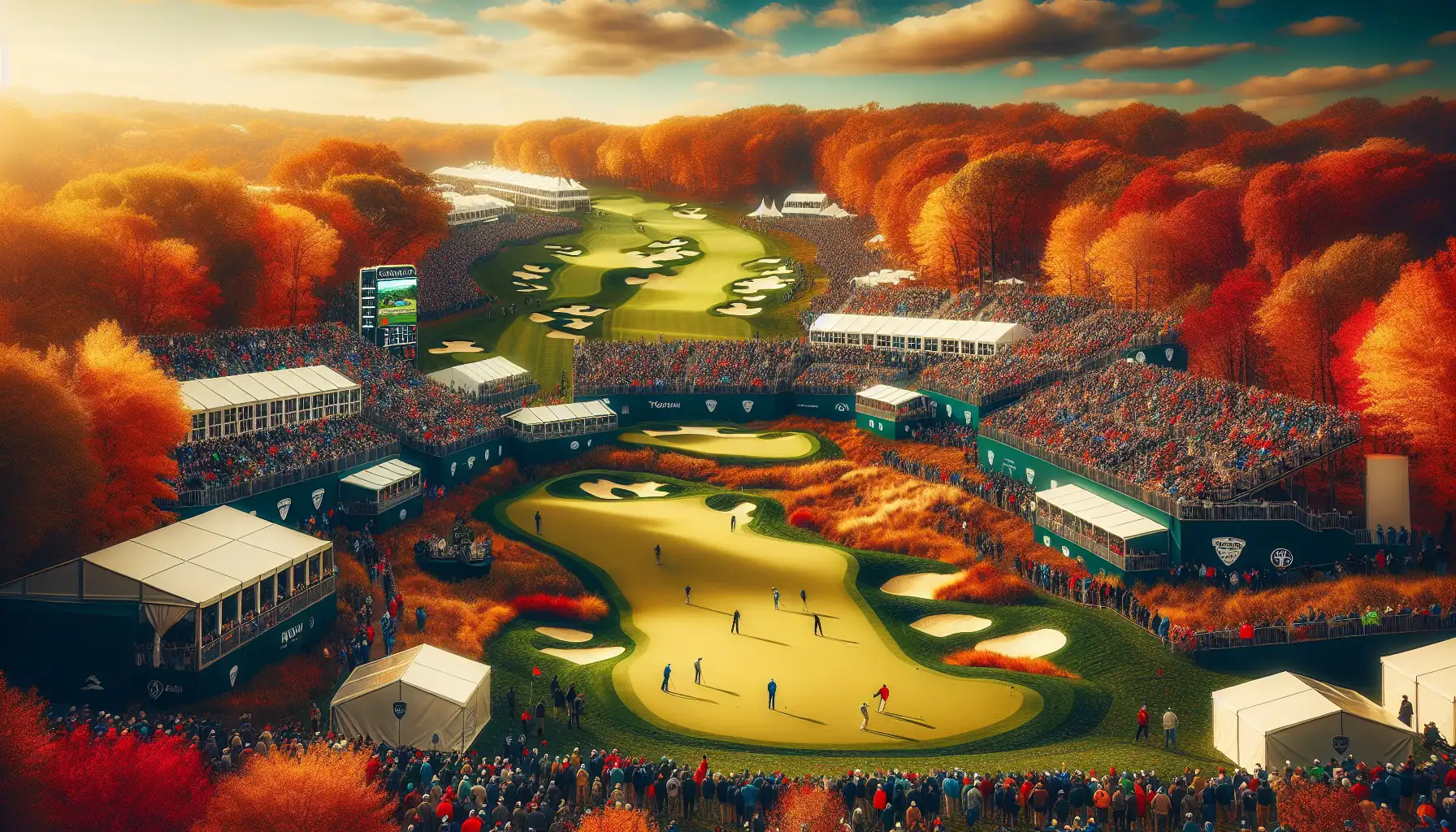 Crowds gathered around a championship golf hole at Bethpage Black during an international team tournament on Long Island