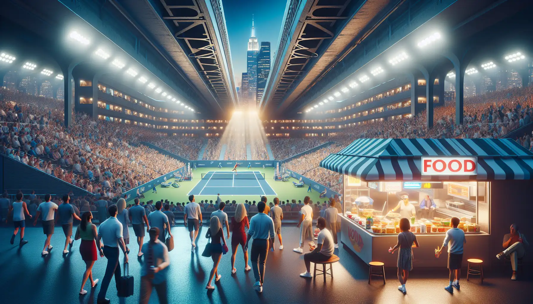 Crowds arriving for a major late-summer tennis tournament in Queens at dusk
