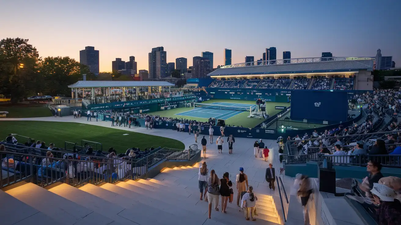 Fans heading into a major tennis tournament complex in Queens at dusk