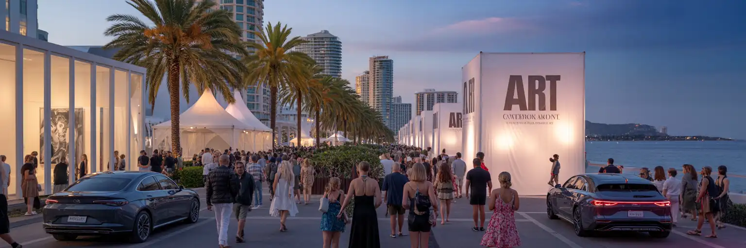 Menschenmengen vor einem großen Veranstaltungsort der Kunstmesse in Miami Beach während der Abendveranstaltungen der Art Week