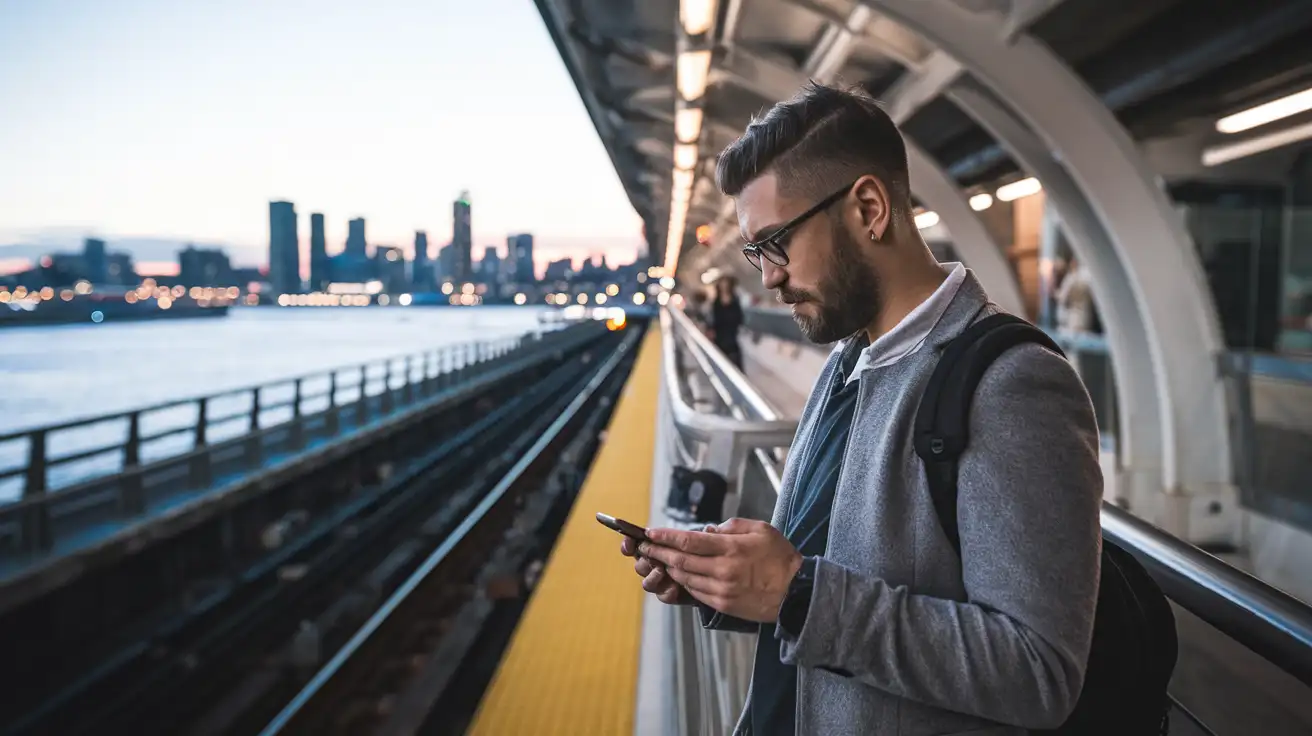 Boston Logan'dan şehir merkezine giderken telefonunu kullanan gezgin