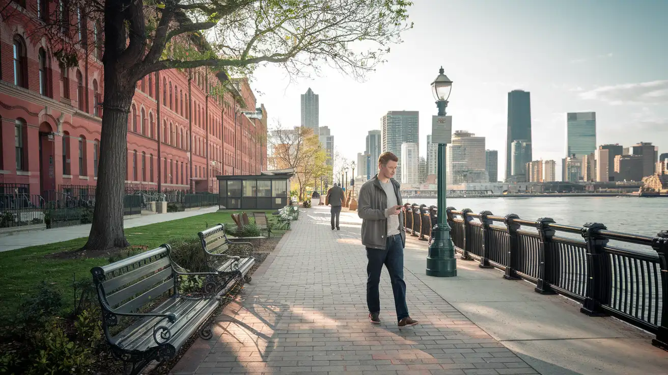 Viajero usando su teléfono mientras camina por el centro de Boston cerca de calles históricas y transporte público