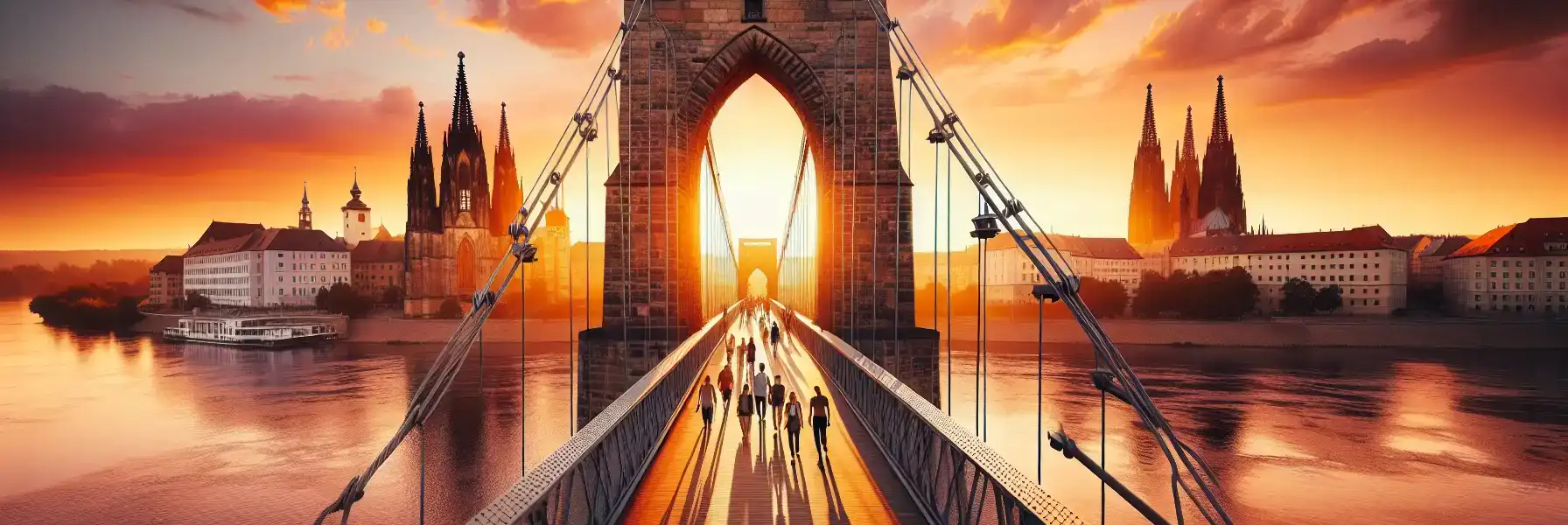 Vedere la răsărit a turnurilor gotice de piatră ale Podului Brooklyn și a rețelei de cabluri de oțel cu silueta Manhattanului în fundal, pietoni mergând pe promenada de lemn ridicată