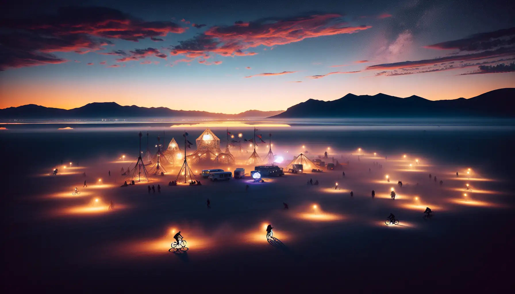 Desert festival scene with large-scale art, bicycles, and sunrise light in Nevada's Black Rock Desert