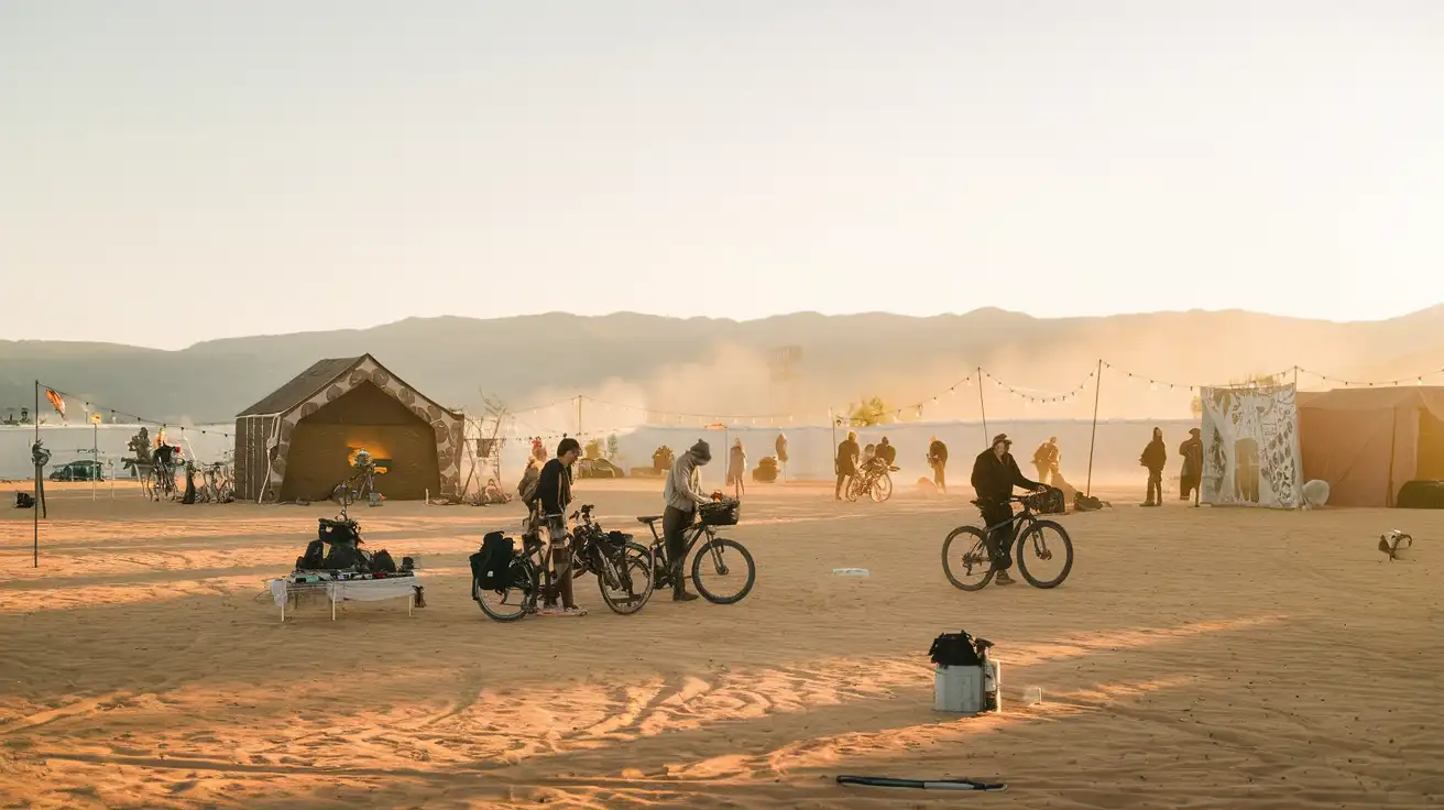 Travelers arriving by bicycle and on foot in a temporary desert city with art installations and dust at sunset