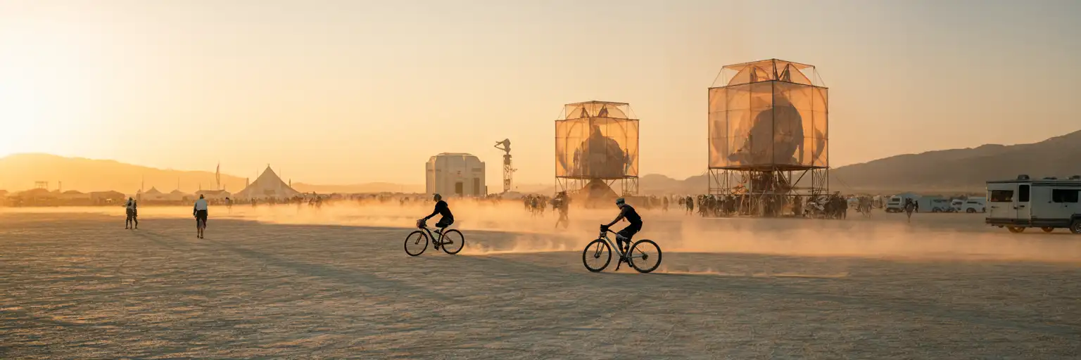 Desert art festival scene with temporary city structures, bikes, dust, and sunset light in Nevada